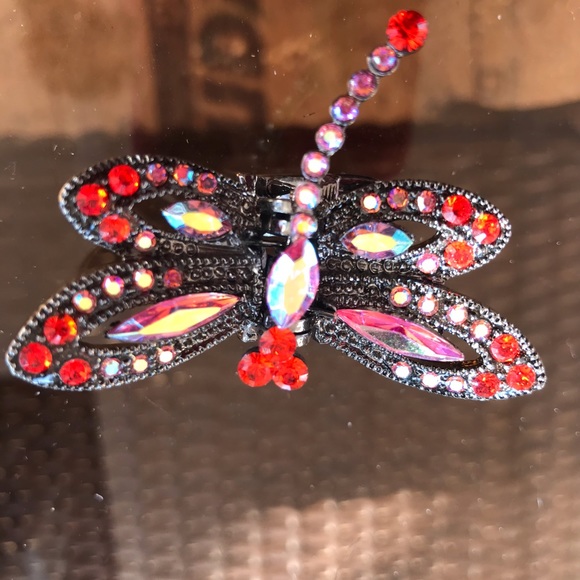 Vintage SNK Stamped Large Swarovski Crystal Dragonfly Claw Clip Hair Jewelry - Picture 10 of 14
